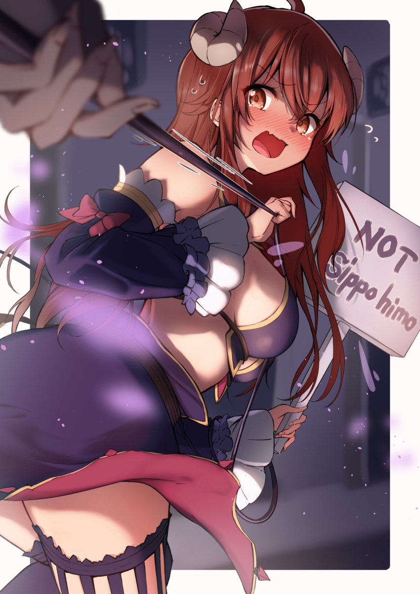 ahoge ass belt blurry blurry_background blurry_foreground blush breasts brown_belt brown_eyes brown_hair cape commentary curled_horns demon_girl demon_horns demon_tail detached_sleeves female flying_sweatdrops from_behind from_side highres holding holding_sign horns kootee-on large_breasts long_hair long_sleeves looking_at_viewer looking_back machikado_mazoku motion_lines nose_blush oerba_yun_fang open_mouth purple_cape revealing_clothes romaji_text sign skin_fang solo_focus tail tail_pull thighhighs thighs translated twisted_torso waist_cape wavy_hair yoshida_yuuko_(machikado_mazoku)