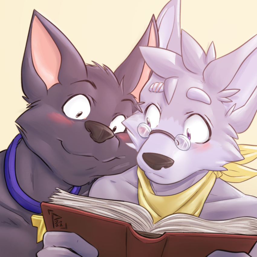 1:1 absurd_res anthro blush book canid canine canis collar collar_only coughee_aholic domestic_dog duo eyewear fox_(housepets!) glasses hi_res housepets! kerchief male mammal mungo_(housepets!) neckerchief nude romantic romantic_couple