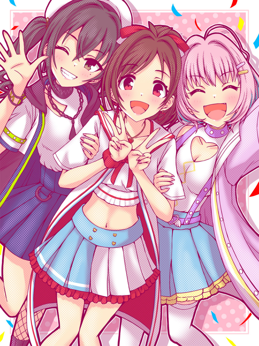 #unicus_(idolmaster) 3girls ;d ^_^ ^o^ ahoge antenna_hair arm_hug blush bracelet breasts chain_necklace chains cleavage cleavage_cutout closed_eyes clothing_cutout collarbone confetti crop_top double_v fangs feet_out_of_frame grin halftone_texture haua heart_cutout highres idolmaster idolmaster_cinderella_girls jewelry looking_at_viewer mole mole_under_eye multiple_girls navel necklace one_eye_closed pleated_skirt polka_dot polka_dot_background sharp_teeth skirt smile sunazuka_akira suspender_skirt suspenders teeth tsujino_akari v wavy_hair yumemi_riamu