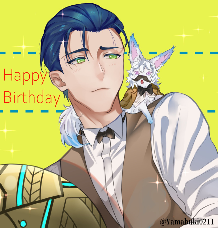 1boy animal blue_hair bow bowtie closed_mouth creature fake_facial_hair fake_mustache fate/grand_order fate_(series) fou_(fate) green_background green_eyes happy_birthday highres male_focus sherlock_holmes_(fate) shirt upper_body white_shirt yamabuki0211