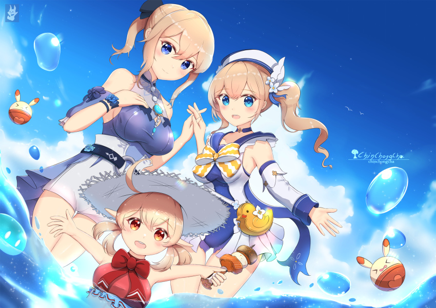 3girls :d ahoge alternate_costume bag barbara_(genshin_impact) barbara_(summertime_sparkle)_(genshin_impact) blue_eyes blue_sky blue_sweater casual_one-piece_swimsuit chinchongcha choker cloud cloudy_sky collarbone commentary_request detached_sleeves drill_hair duck_print genshin_impact hair_between_eyes handbag hat highres holding holding_skewer horizon jean_(genshin_impact) jean_(sea_breeze_dandelion)_(genshin_impact) jumpy_dumpty klee_(genshin_impact) light_brown_hair long_hair looking_at_viewer low_twintails multiple_girls ocean official_alternate_costume one-piece_swimsuit open_mouth orange_eyes partially_submerged pointy_ears ponytail red_one-piece_swimsuit siblings sidelocks sisters skewer sky smile straw_hat sweater swimsuit twin_drills twintails vision_(genshin_impact) wading