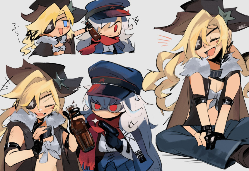 2girls black_gloves blonde_hair blue_eyes blush bottle cape chesed_(uporyz) chibi closed_eyes colt_revolver_(girls'_frontline) colt_revolver_(mod3)_(girls'_frontline) commentary_request cowboy_hat eyepatch facial_mark fur-trimmed_cape fur_trim girls'_frontline gloves grey_background gun hair_between_eyes handgun hat highres holding holding_bottle holding_gun holding_weapon long_hair makarov_(girls'_frontline) makarov_(mod3)_(girls'_frontline) makarov_pm multiple_girls multiple_views open_mouth partially_fingerless_gloves red_eyes red_scarf red_star scarf shirt simple_background sitting smile soda_bottle star_(symbol) star_tattoo tattoo weapon white_hair white_shirt