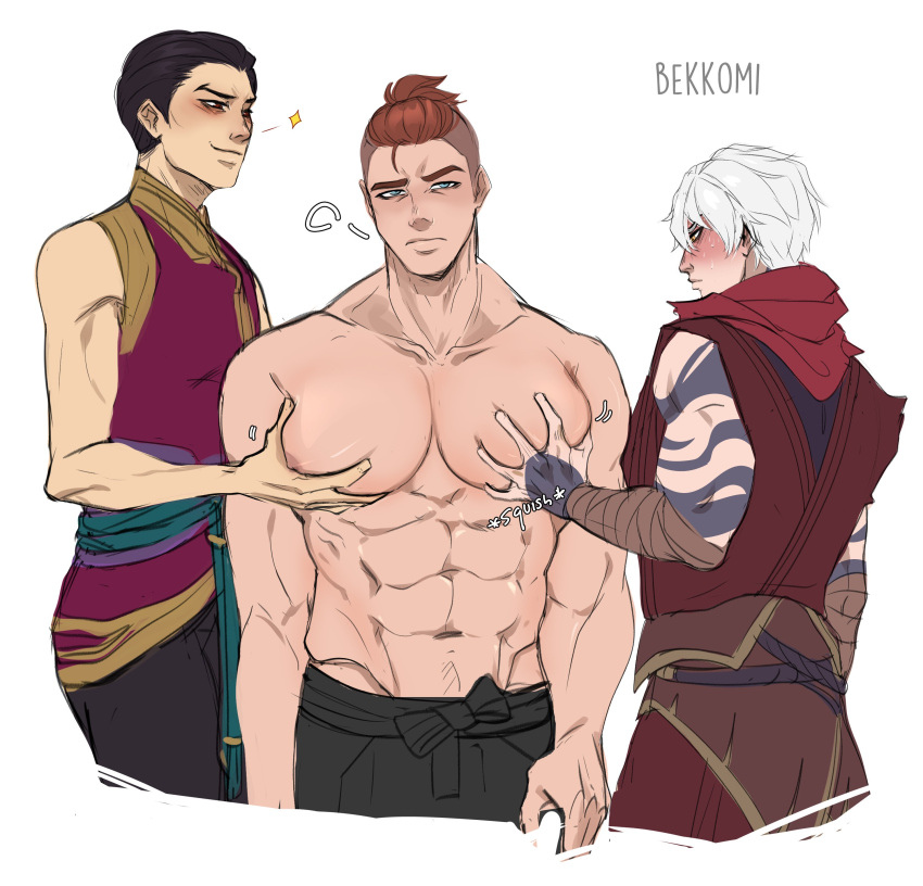 3boys abs absurdres bara bekkomi blush boy_sandwich cropped_legs grabbing groping hair_strand highres jhin large_pectorals league_of_legends looking_at_viewer male_focus meme multiple_boys muscular muscular_male navel navel_hair nipples parody_request pectoral_grab pectoral_grab_(meme) pectorals ponytail sandwiched shen_(league_of_legends) short_hair stomach topless_male undercut unfinished yaoi zed_(league_of_legends)