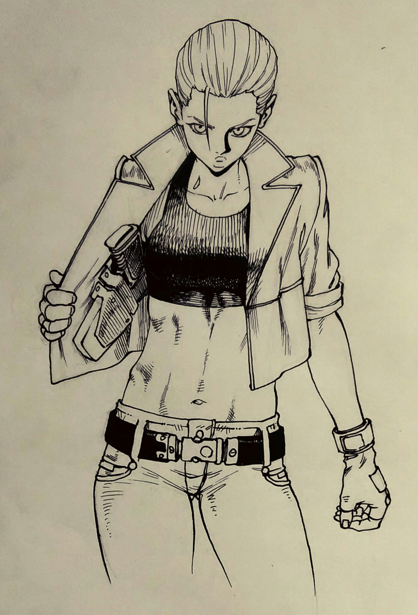 belt breasts contrapposto cowboy_shot crop_top crosshatching female fingerless_gloves gloves gun hair_pulled_back hair_strand handgun hatching_(texture) highres holster holstered jacket medium_breasts midriff monochrome navel nib_pen_(medium) original puckered_lips sendai_(nazonomono) sleeves_rolled_up solo tank_top toned traditional_media weapon