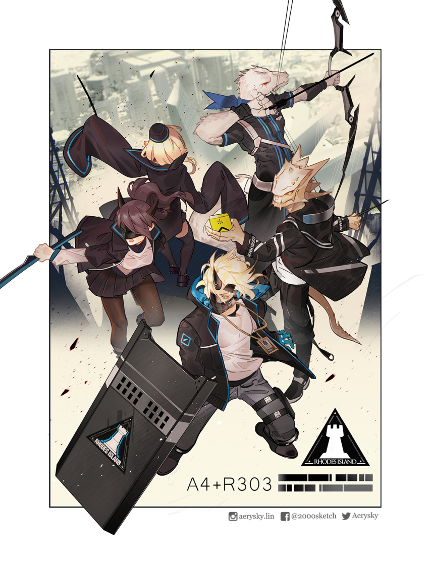 12f_(arknights) 2girls 3boys :o aerysky arknights arrow_(projectile) back black_footwear black_jacket black_pants black_skirt blonde_hair boots border bow_(weapon) brown_hair closed_mouth commentary_request durin_(arknights) from_above full_body furry furry_male highres holding holding_arrow holding_bow_(weapon) holding_shield holding_sword holding_wand holding_weapon horns id_card jacket leggings lizardman long_hair long_sleeves mask multiple_boys multiple_girls noir_corne_(arknights) open_mouth outside_border pants pointy_ears rangers_(arknights) shield shirt shoes short_sleeves single_horn skirt sneakers sword wand weapon white_shirt yato_(arknights)