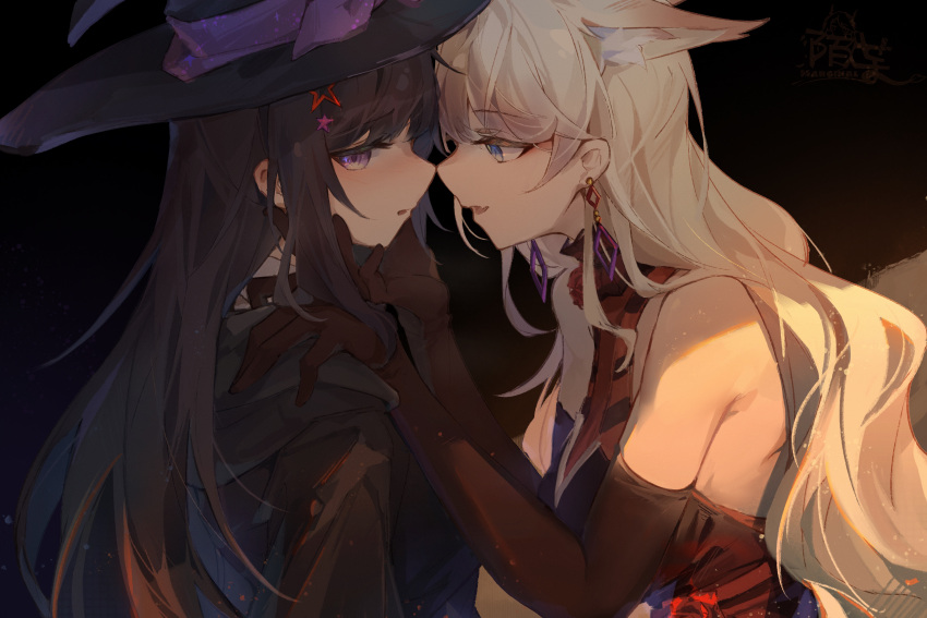 2girls a-soul absurdres animal_ears bella_(a-soul) blonde_hair blue_eyes blush brown_hair earrings eileen_(a-soul) elbow_gloves eyebrows_visible_through_hair fox_ears gloves hair_ornament hand_on_another's_chin hand_on_another's_shoulder highres jewelry long_hair looking_at_another looking_away looking_to_the_side moyu_marginal multiple_girls noses_touching oerba_yun_fang parted_lips purple_eyes skin_fang star_(symbol) star_hair_ornament yuri