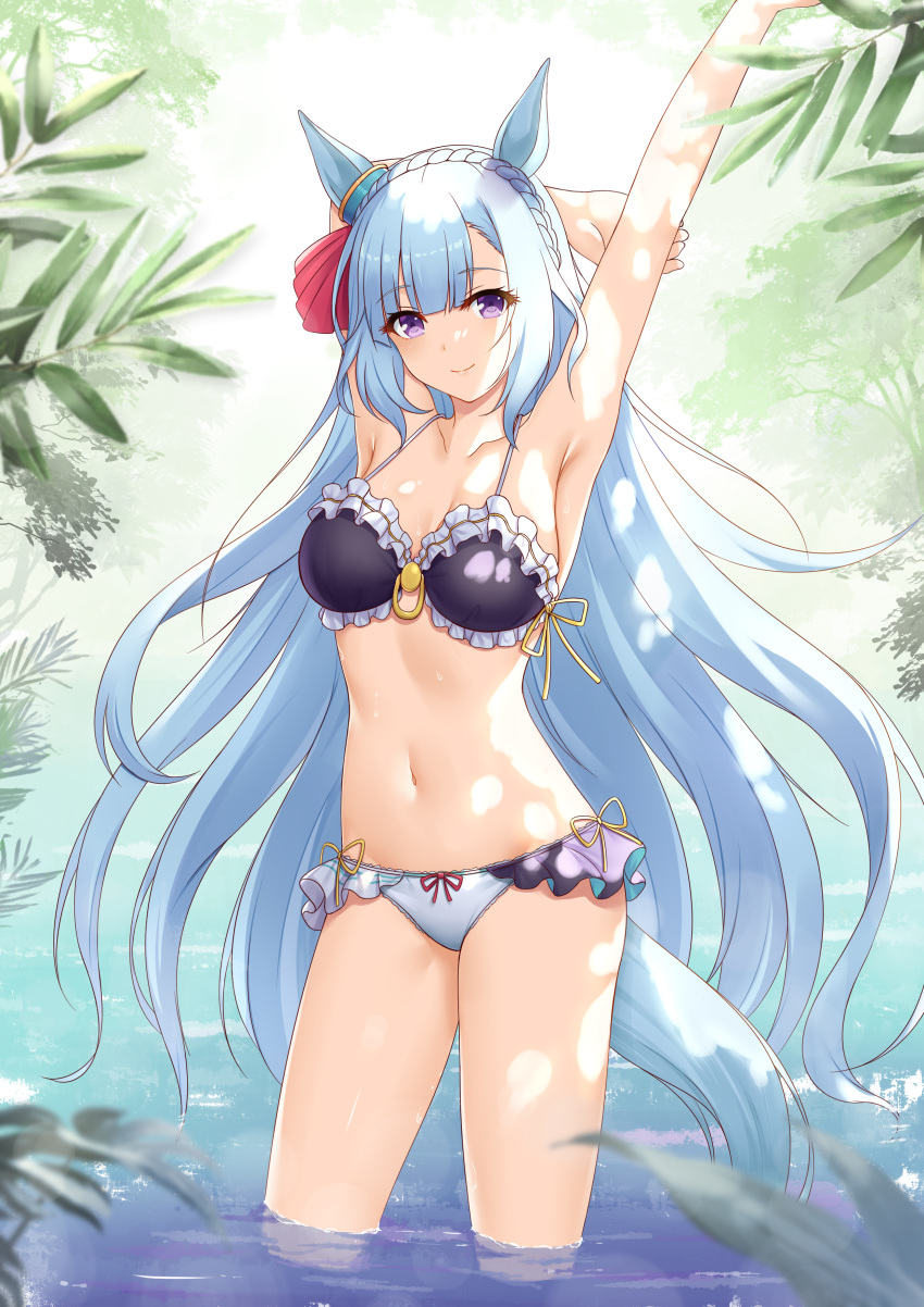 absurdres animal_ears arm_behind_head armpits arms_up bikini blue_hair blunt_bangs braid breasts collarbone commentary_request cowboy_shot crown_braid day female flan_(seeyouflan) frilled_bikini frills highres horse_ears horse_girl horse_tail light_blue_hair long_hair looking_at_viewer medium_breasts mejiro_ardan_(umamusume) nature navel outdoors purple_eyes smile solo standing stomach swimsuit tail umamusume very_long_hair wading water