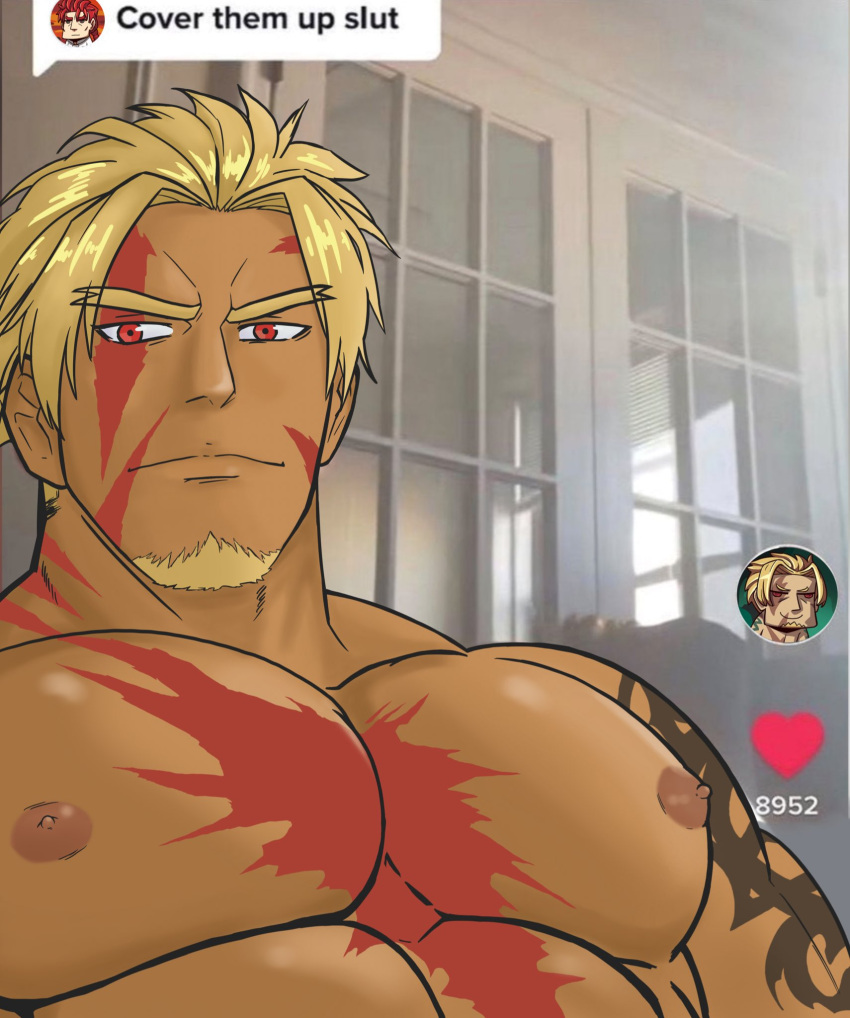 1boy abs bara beowulf_(fate) blonde_hair chest_tattoo cover_them_up_slut_(meme) cyber_cowboi dark-skinned_male dark_skin dialogue_box english_text facial_hair fate/grand_order fate_(series) forked_eyebrows goatee heart highres large_pectorals looking_at_viewer male_focus mature_male meme muscular muscular_male nipples nude pectoral_focus pectorals red_eyes short_hair sideburns solo tattoo tiktok upper_body user_interface