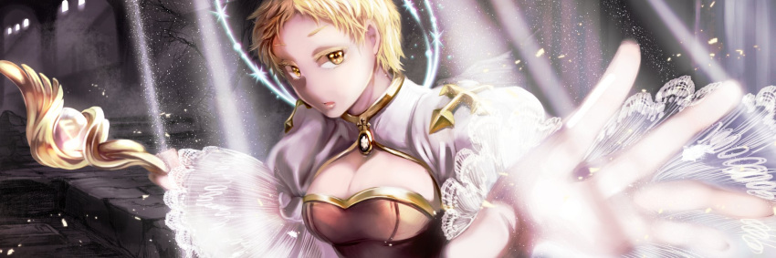 arch_bishop_(ragnarok_online) bare_tree blonde_hair breasts brown_dress cleavage cleavage_cutout clothing_cutout cross dress female halo highres holding holding_staff indoors large_breasts light_rays lips looking_at_viewer love_morocc open_mouth protected_link ragnarok_online reaching reaching_towards_viewer ruins short_hair solo sparkle staff sunbeam sunlight tree two-tone_dress upper_body white_dress window yellow_eyes