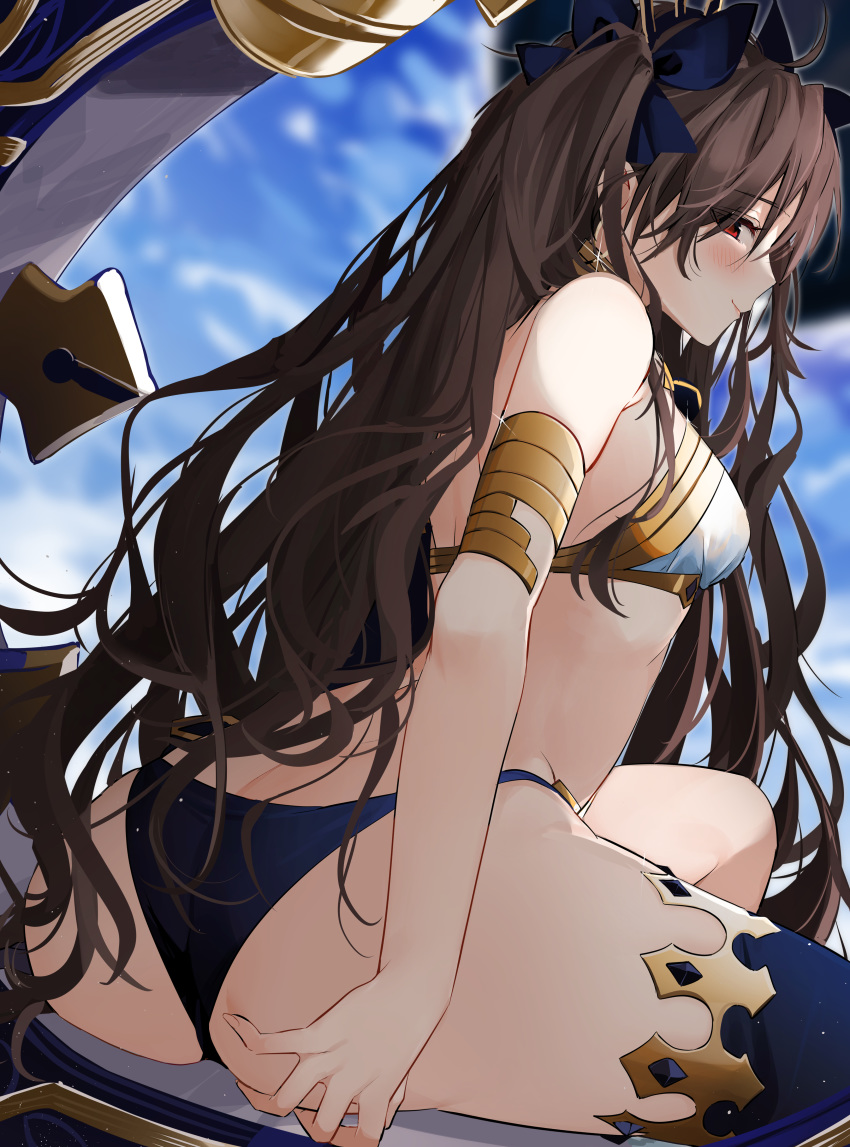 absurdres armlet ass asymmetrical_legwear asymmetrical_sleeves bangs bare_shoulders blue_panties blue_sky blush breasts brown_hair crown detached_sleeves earrings fate/grand_order fate_(series) female heavenly_boat_maanna highres hoop_earrings ishtar_(fate)_(all) ishtar_(fate/grand_order) jewelry large_breasts long_hair looking_to_the_side panties red_eyes revision single_detached_sleeve single_thighhigh sky smile thighhighs thighs tiara two_side_up underwear very_long_hair weapon xretakex