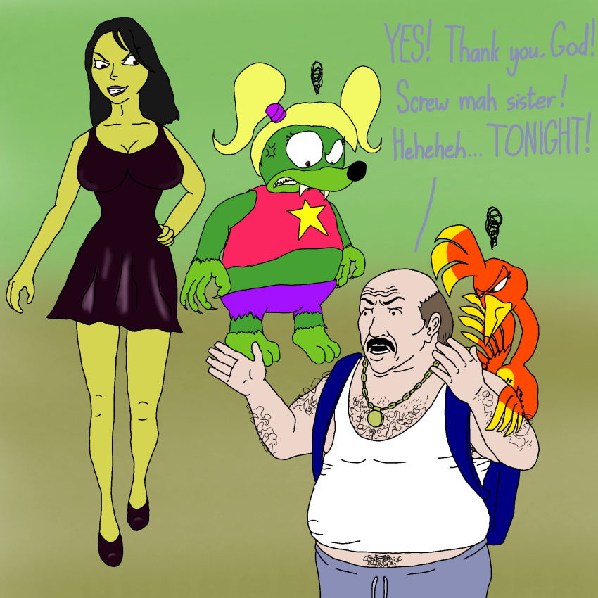 1:1 adult_swim angry anthro aqua_teen_hunger_force arm_hair avian backpack bald banjo-kazooie beak bear big_breasts bird black_clothing black_dress black_hair body_hair bottomwear breasts breegull brown_eyes carl_brutananadilewski cartoon_network chest_hair clothed clothing crossover digital_drawing_(artwork) digital_media_(artwork) dress duo english_text facial_hair fangs feathers female female/female feral footwear fur gold_(metal) gold_jewelry gold_necklace green_body green_eyes green_skin group gruntilda_winkybunion hair hand_on_hip head_on_hand hi_res high_heels honey_bear_(disambiguation) human humanoid humor jewelry kama_and_hallie kazooie lipstick magic_user makeup male male/female mammal monster monstrous_humanoid moustache necklace open_mouth pants purple_bottomwear purple_clothing purple_pants rareware red_body red_eyes red_feathers shirt simple_background star_shirt sweatpants t-shirt tank_top teeth text tooty topwear twintails undershirt witch