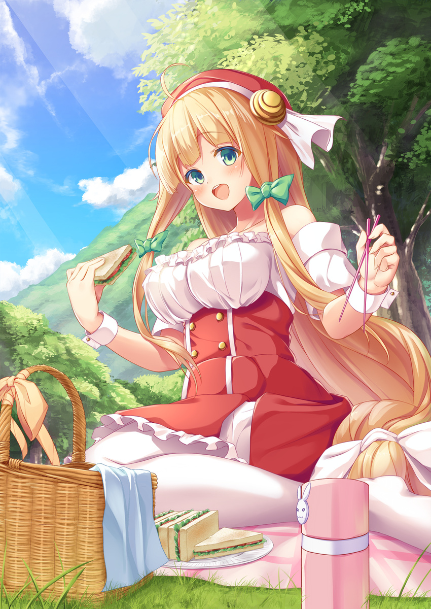 ahoge bare_shoulders blonde_hair blush bow breasts buttons chopsticks cloud day double-breasted female flask food from_below grass green_bow green_eyes hairbow hat highres holding holding_chopsticks holding_food light_rays long_hair looking_at_viewer low-tied_long_hair mafuyun mountain open_mouth original outdoors pantyhose paper_plate picnic picnic_basket plate round_teeth sandwich sidelocks sitting solo strapless sunbeam sunlight teeth tree upper_teeth_only very_long_hair white_bow white_pantyhose wrist_cuffs