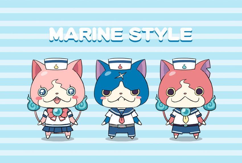 blue_skirt blush_stickers chuno commentary_request english_text fangs feline full_body fuyunyan hat jibanyan looking_at_viewer multiple_tails no_humans notched_ear open_mouth photoshop_(medium) pleated_skirt sailor sailor_collar sailor_hat sailornyan scar school_uniform serafuku skirt standing tail two_tails youkai_(youkai_watch) youkai_watch youkai_watch_2