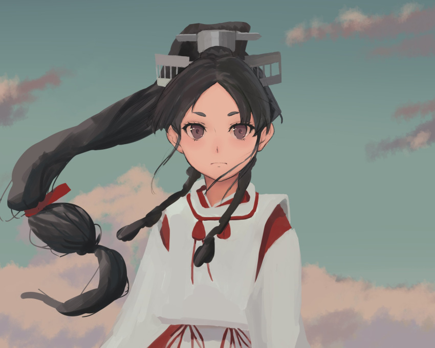 black_hair brown_eyes cloud day detached_sleeves female hair_ornament hair_ribbon hakama hakama_skirt headgear high_ponytail highres japanese_clothes kantai_collection kariginu kkkhosuke long_hair long_sleeves looking_at_viewer miko multi-tied_hair nisshin_(kancolle) outdoors parted_bangs red_hakama red_ribbon ribbon rubber_band short_eyebrows sidelocks skirt sky solo thick_eyebrows tied_hair upper_body very_long_hair