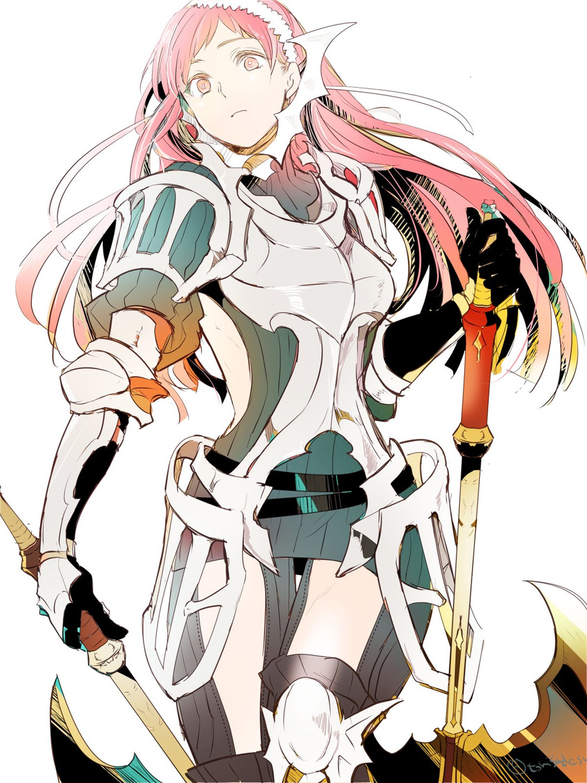 armor axe bad_id bad_twitter_id breastplate cherche_(fire_emblem) dual_wielding female fire_emblem fire_emblem_awakening gloves halberd helswath highres holding holding_weapon looking_at_viewer pauldrons polearm red_eyes red_hair shoulder_armor simple_background solo torisudesu weapon white_background