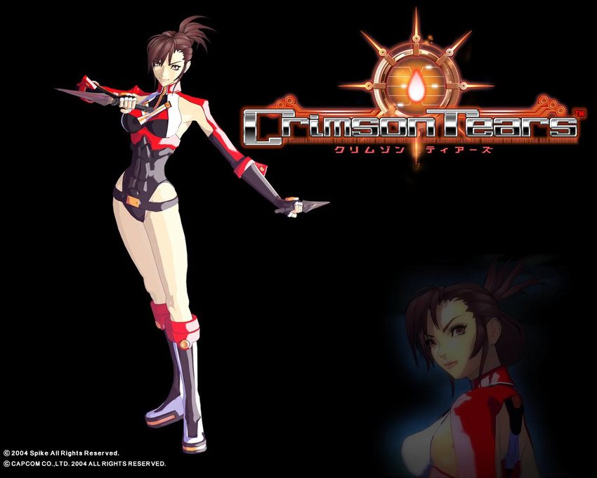 00s 3d asuka_(crimson_tears) belt boots breasts brown_eyes brown_hair capcom copyright crimson_tears dual_wielding female female fingerless_gloves full_body holding_knife knife leotard light_smile looking_at_viewer short_hair sideboob spike_(company) title wallpaper weapon