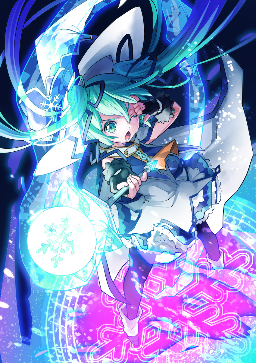 778-go bad_id bad_pixiv_id chestnut_mouth female fingerless_gloves gloves green_eyes green_hair hat hatsune_miku highres long_hair magic_circle one_eye_closed open_mouth pantyhose skirt snowflakes solo suki!_yuki!_maji_magic_(vocaloid) twintails vocaloid wand witch_hat yuki_miku yuki_miku_(2014)