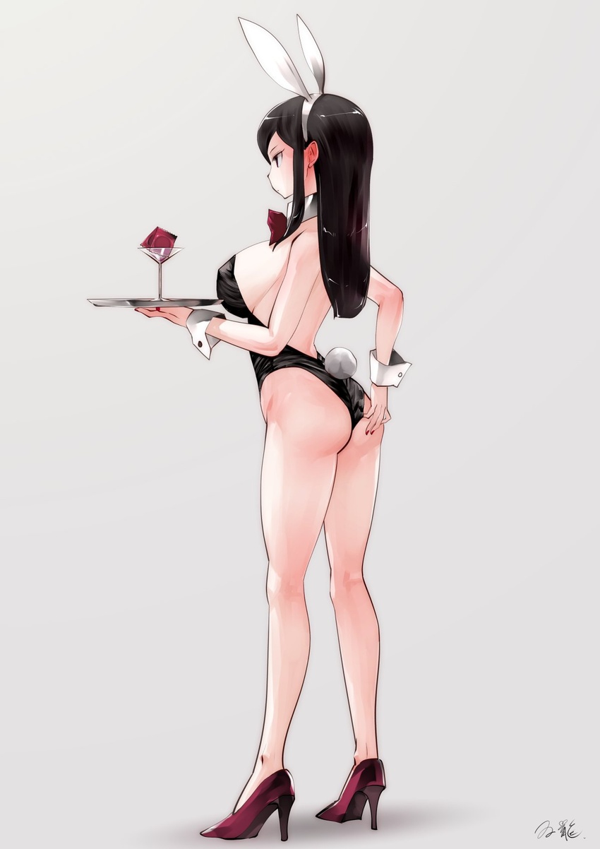 adjusting_clothes adjusting_leotard animal_ears artist_name ass backless_outfit bad_id bad_twitter_id bare_legs black_hair bow bowtie breasts closed_mouth commentary condom condom_wrapper cup detached_collar drinking_glass fake_animal_ears fake_tail female from_side full_body grey_background hand_on_own_ass high_heels highres holding large_breasts leotard long_hair looking_to_the_side original playboy_bunny rabbit_ears rabbit_tail red_bow red_bowtie red_footwear signature simple_background solo souryu standing strapless strapless_leotard tail tray wine_glass wrist_cuffs