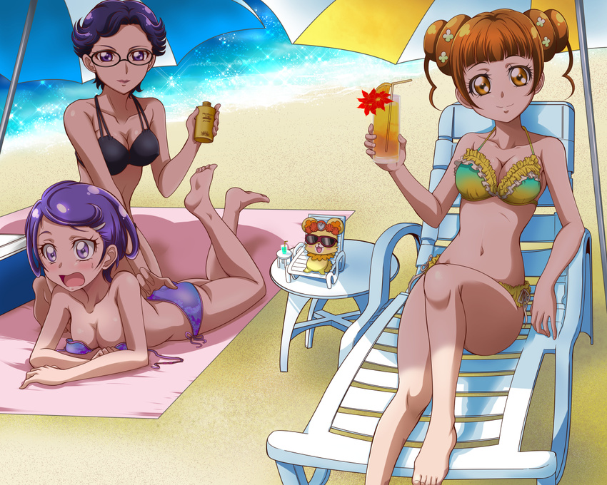 3girls barefoot beach beach_umbrella bikini blue_hair brown_hair chair closed_mouth commentary_request davi_(dokidoki!_precure) db_(dokidoki!_precure) dokidoki!_precure double_bun drink feet_up frilled_bikini frills glasses gradient_bikini hair_bun hanzou kenzaki_makoto long_hair looking_at_viewer lotion_bottle lounge_chair lying multiple_girls on_stomach open_mouth outdoors precure purple_bikini purple_eyes purple_hair rance_(dokidoki!_precure) sand shade short_hair sitting smile soles sunglasses swimsuit twintails umbrella untied_bikini water yellow_bikini yotsuba_alice