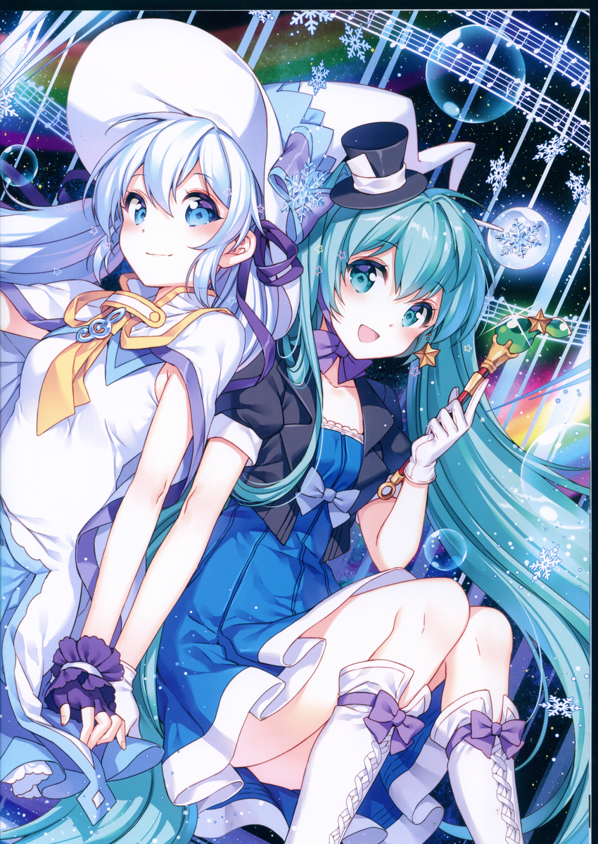 2girls absurdres beamed_eighth_notes blue_eyes blue_hair blush boots bow bowtie breasts cape card_in_hat collarbone diffraction_spikes dress eighth_note fingerless_gloves gloves green_eyes green_hair hat hatsune_miku highres holding jacket juliet_sleeves knee_boots long_hair long_sleeves looking_at_viewer magical_mirai_(vocaloid) magical_mirai_miku magical_mirai_miku_(2013) medium_breasts mini_hat multiple_girls musical_note nardack open_clothes open_jacket puffy_sleeves quarter_note rabbit_yukine scan short_dress short_sleeves sitting snowflake_hat_ornament staff_(music) star_(symbol) suki!_yuki!_maji_magic_(vocaloid) twintails very_long_hair vocaloid wand white_footwear white_gloves witch_hat yuki_miku yuki_miku_(2014)