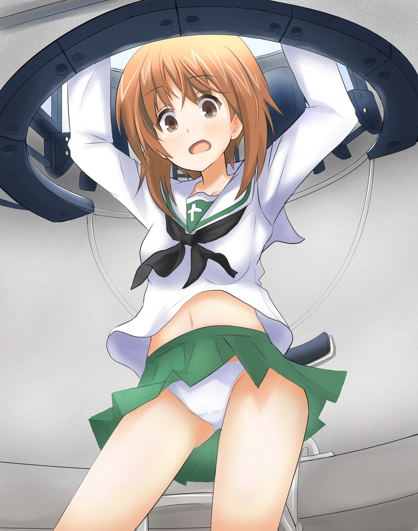 blouse blush brown_eyes brown_hair commentary_request crotch_seam embarrassed eve_(kenzen) female girls_und_panzer green_skirt highres long_sleeves looking_at_viewer miniskirt navel neckerchief nishizumi_miho ooarai_school_uniform open_mouth panties pantyshot pleated_skirt school_uniform serafuku shirt short_hair skirt solo standing sweatdrop tank_interior underwear white_panties white_shirt