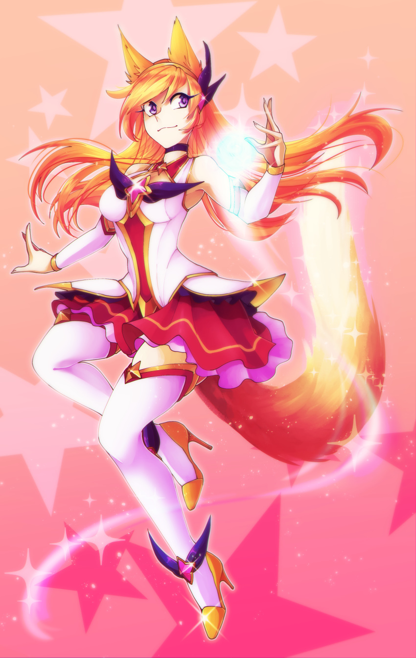 ahri alternate_costume alternate_eye_color alternate_hair_color animal_ears boots breasts choker detached_sleeves female fox_ears fox_tail hair_ornament hairband high_heel_boots high_heels league_of_legends legs long_hair long_legs magical_girl multiple_tails peach_hair skirt spread_legs star_guardian_ahri tail thigh_boots thighhighs thighs white_legwear