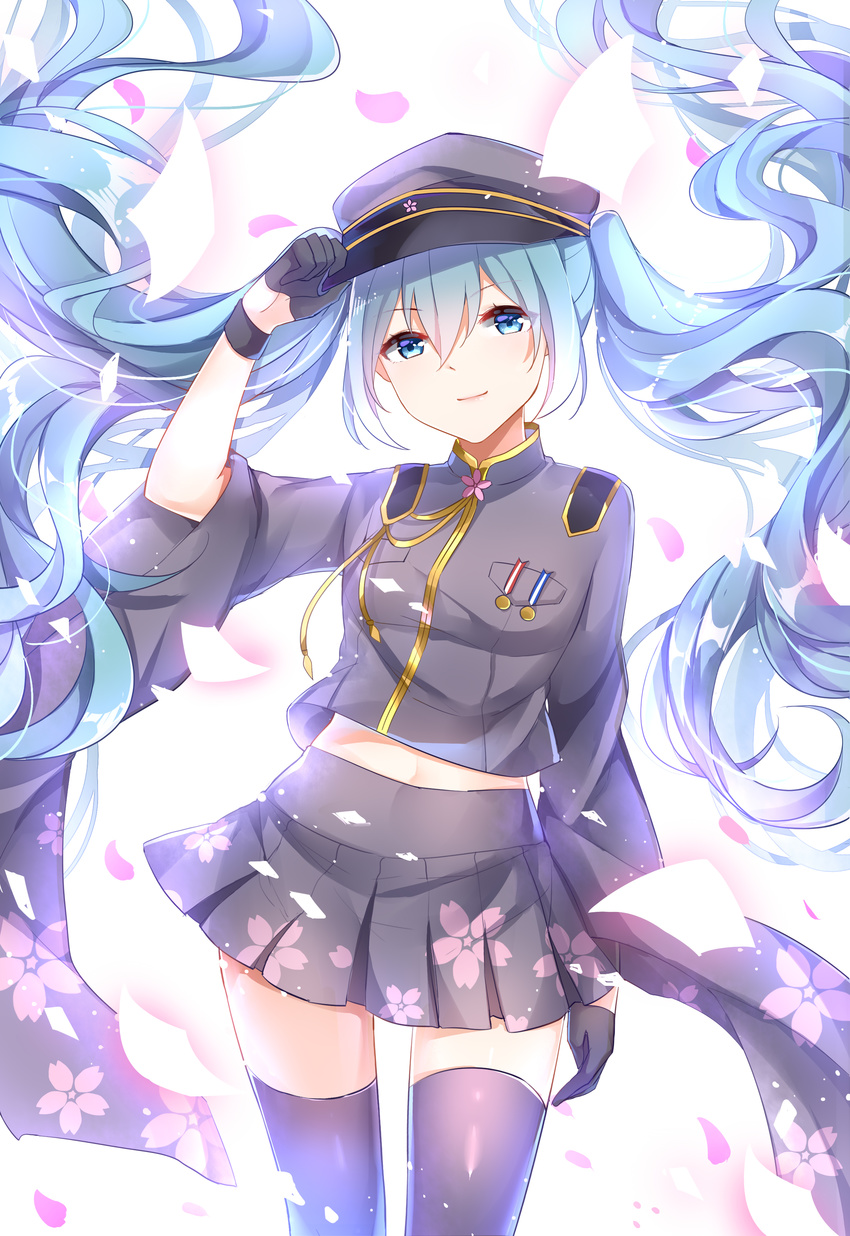 absurdres aqua_eyes aqua_hair chinese_commentary chuor_(chuochuoi) commentary_request cowboy_shot female furisode_sleeves gloves hat hatsune_miku highres long_hair looking_at_viewer midriff_peek peaked_cap petals photoshop_(medium) revision senbonzakura_(vocaloid) solo thighhighs twintails very_long_hair vocaloid zettai_ryouiki