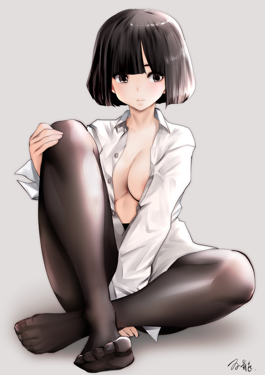 arm_support artist_name bad_id bad_twitter_id black_hair black_pantyhose blunt_bangs bob_cut breasts cleavage commentary_request dress_shirt female full_body grey_background highres indian_style large_breasts leg_grab light_frown no_bra open_clothes open_shirt original pantyhose shirt short_hair signature simple_background sitting solo souryu white_shirt