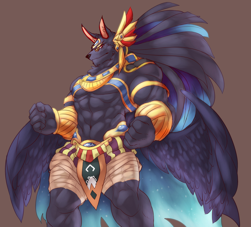 abs absurd_res anthro anubian_jackal anubis_(puzzle_and_dragons) bandage biceps big_muscles biped black_body black_fur black_nose bottomwear brown_background canid canine canis clothed clothing deity egyptian_mythology feathered_wings feathers fur hi_res huge_muscles istani jackal loincloth male mammal middle_eastern_mythology muscular muscular_anthro muscular_male mythology pecs puzzle_and_dragons red_eyes simple_background solo standing topless wings