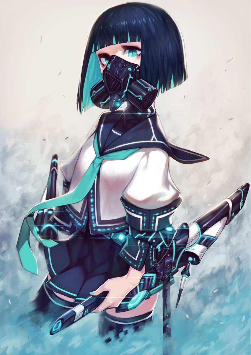 absurdres aqua_eyes aqua_hair belt black_hair commentary_request doku-chan_(dokkudokudoku) dress female gas_mask highres mask multicolored_hair necktie neon_trim original photoshop_(medium) sailor_collar sailor_dress skirt thighhighs