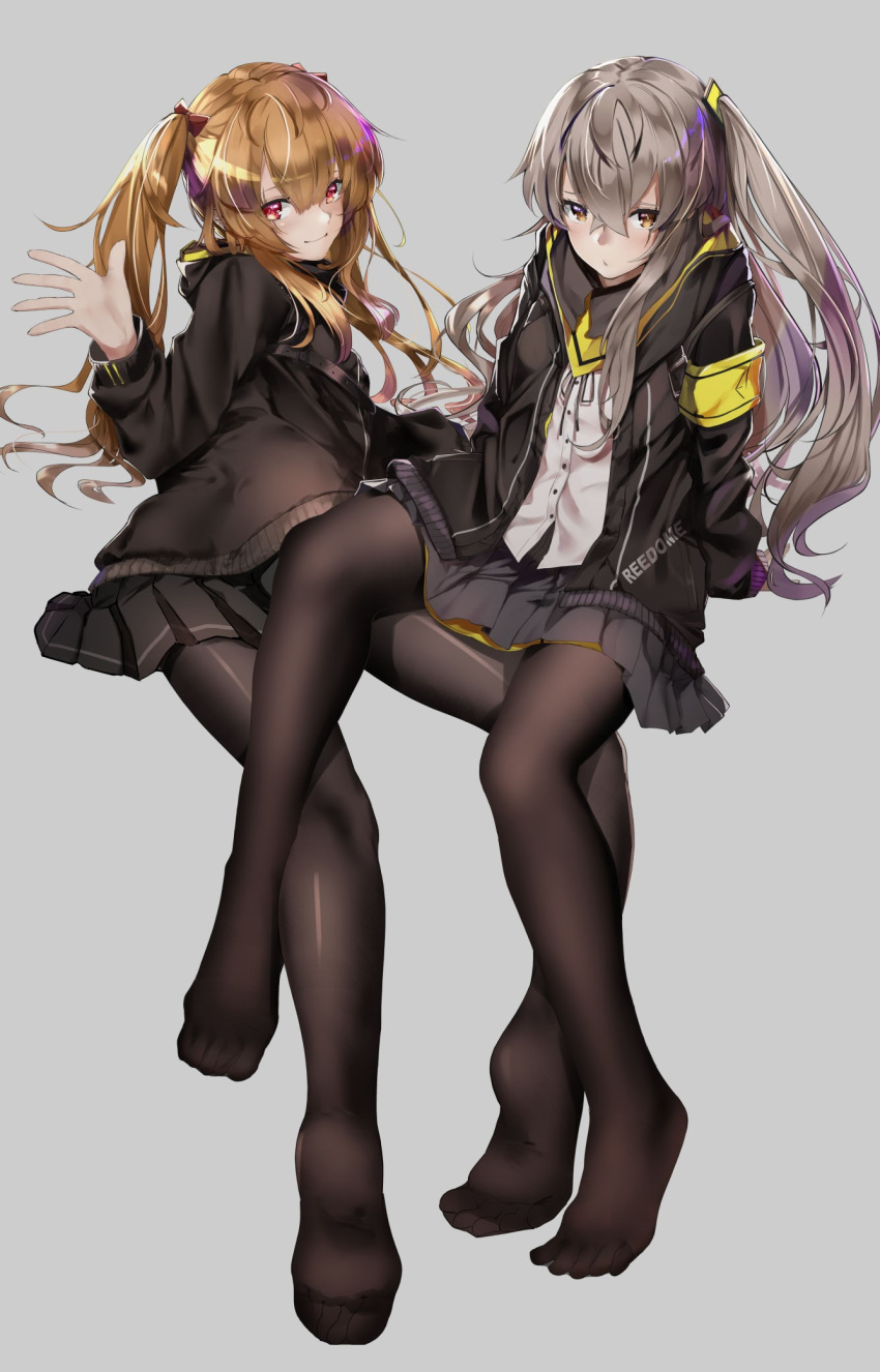 2girls armband black_bow black_jacket black_pantyhose black_ribbon black_skirt bow brown_eyes brown_hair commentary crossed_bangs feet fingerless_gloves girls'_frontline gloves grey_hair hair_between_eyes hair_ornament hairclip hand_up highres hood hood_down hooded_jacket jacket legs long_hair looking_at_viewer multiple_girls no_shoes one_side_up open_clothes open_jacket pantyhose pirapirapirapira pout red_eyes ribbon scar scar_across_eye scar_on_face shirt simple_background skirt smile soles ump45_(girls'_frontline) ump9_(girls'_frontline) white_shirt yellow_armband