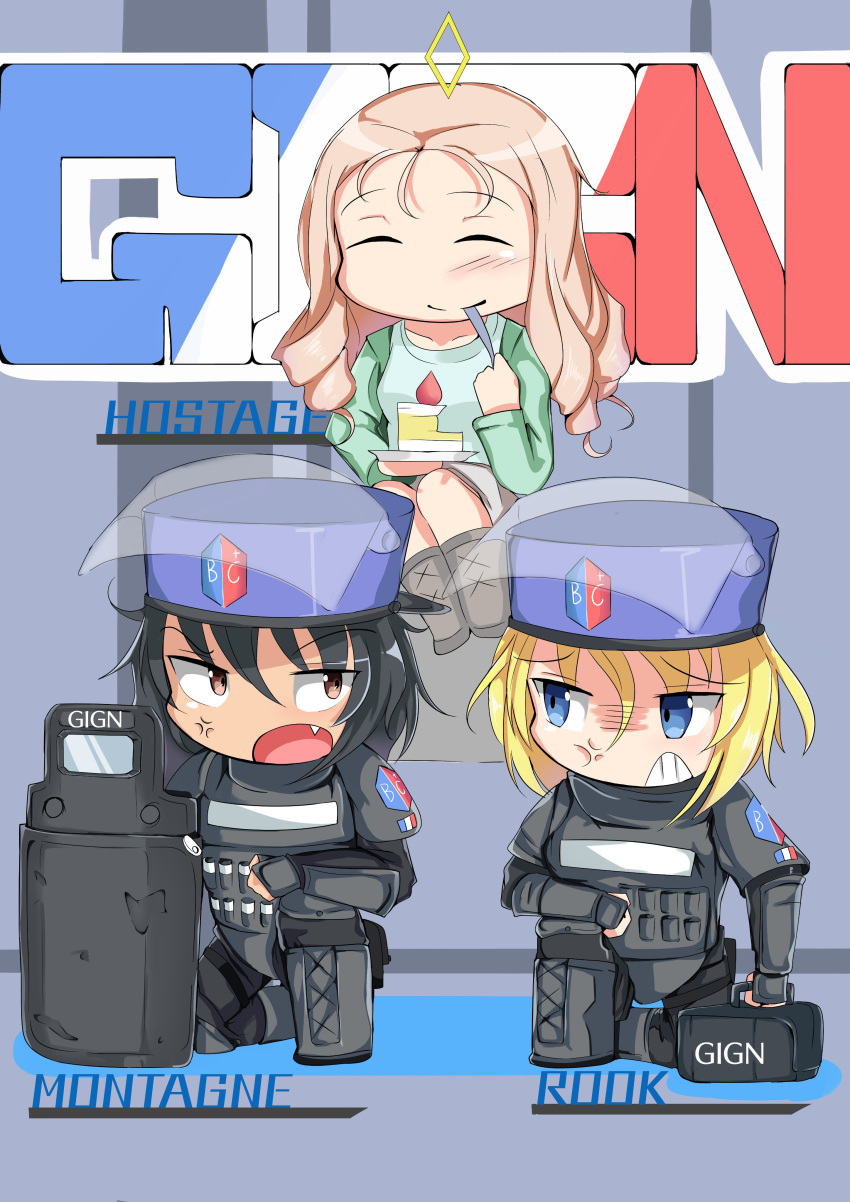 3girls ^_^ absurdres andou_(girls_und_panzer) anger_vein angry armor ballistic_shield bc_freedom_(emblem) black_footwear black_hair black_hat black_jacket black_pants blonde_hair blue_eyes body_armor boots brown_eyes brown_footwear brown_skirt cake casual character_name chest_protector chibi clenched_teeth closed_eyes closed_mouth commentary_request dark-skinned_female dark_skin drill_hair eating emblem english_text eye_contact faceplate food french_flag frown gauntlets gign girls_und_panzer glaring green_shirt grimace hat helmet highres holding jacket kshimu letter long_hair long_sleeves looking_at_another looking_to_the_side marie_(girls_und_panzer) messy_hair montagne_(rainbow_six_siege) multiple_girls oerba_yun_fang on_one_knee open_mouth oshida_(girls_und_panzer) pants pauldrons plate raglan_sleeves rainbow_six_siege rook_(rainbow_six_siege) shield shirt shoulder_armor sitting skirt smile tactical_clothes teeth utensil_in_mouth