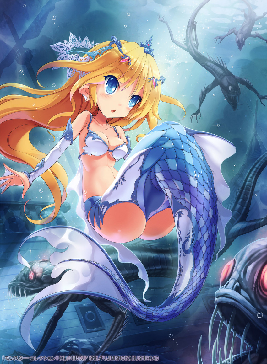 ass bikini bikini_top_only blonde_hair blue_eyes breasts character_request cleavage commentary_request company_name copyright_name detached_sleeves fangs female fins fish highres kankurou long_hair medium_breasts mermaid monster monster_collection monster_girl navel official_art photoshop_(medium) pointy_ears scales swimsuit tail tiara underwater webbed_hands