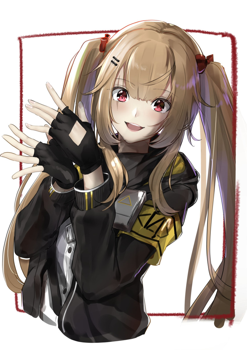 armband black_jacket bow commentary_request female fingerless_gloves girls'_frontline gloves hair_between_eyes hair_ornament hairclip hands_up highres hood hood_down hooded_jacket jacket light_brown_hair long_hair looking_at_viewer open_clothes open_jacket open_mouth pirapirapirapira red_bow red_eyes red_ribbon ribbon scar scar_across_eye scar_on_face solo twintails ump9_(girls'_frontline) yellow_armband