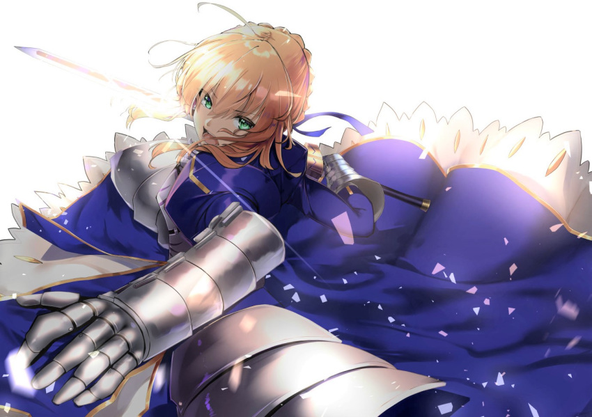 ahoge armor armored_dress artoria_pendragon_(fate) blonde_hair blue_dress braid braided_bun chest_armor commentary_request dress excalibur_(fate/stay_night) fate/grand_order fate_(series) female gauntlets green_eyes hair_between_eyes hair_bun holding holding_sword holding_weapon looking_at_viewer open_mouth pirapirapirapira saber_(fate) sidelocks single_hair_bun sword weapon