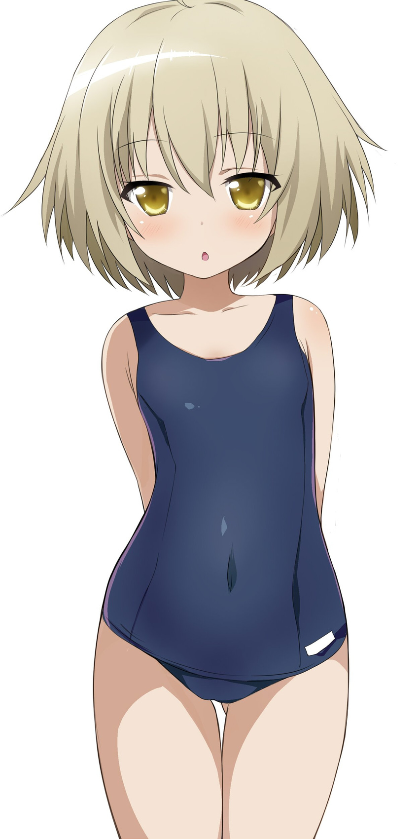 absurdres arms_behind_back bad_id bad_twitter_id brown_eyes brown_hair chestnut_mouth covered_navel female highres kaneshiro_sora old_school_swimsuit one-piece_swimsuit open_mouth school_swimsuit shimejinameko short_hair solo swimsuit tenshi_no_3p!