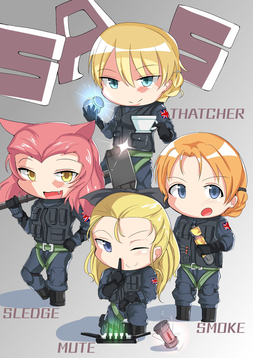 4girls :3 :d animal_ears assam_(girls_und_panzer) black_footwear black_gloves black_jacket black_pants black_ribbon black_vest blue_eyes boots braid brown_eyes cat_ears character_name chibi commentary_request cup darjeeling_(girls_und_panzer) diffraction_spikes finger_to_mouth girls_und_panzer gloves gradient_background grey_background hair_pulled_back hair_ribbon highres holding holding_weapon jacket kemonomimi_mode kshimu letter multiple_girls mute_(rainbow_six_siege) oerba_yun_fang on_one_knee open_mouth orange_hair orange_pekoe_(girls_und_panzer) over_shoulder pants parted_bangs rainbow_six_siege red_hair ribbon rosehip_(girls_und_panzer) shadow short_hair shushing sledge_(rainbow_six_siege) smile smoke_(rainbow_six_siege) special_air_service standing standing_on_one_leg tactical_clothes teacup thatcher_(rainbow_six_siege) tied_hair twin_braids union_jack vest weapon weapon_over_shoulder