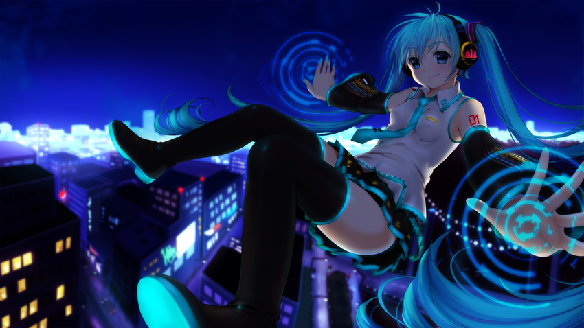 aqua_eyes aqua_hair bad_id bad_pixiv_id cityscape detached_sleeves female foreshortening hatsune_miku headphones highres long_hair midair necktie neon_trim night night_sky outstretched_arms skirt sky solo spread_arms thighhighs twintails very_long_hair vocaloid weyowang zettai_ryouiki