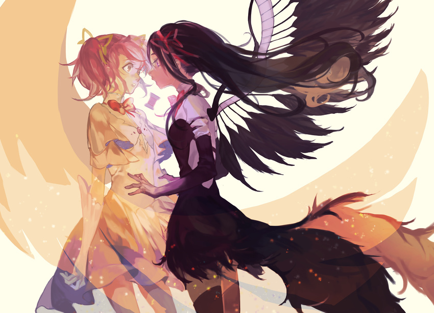 2girls absurdres akemi_homura akuma_homura bare_shoulders black_dress black_gloves black_hair bow commentary_request dress elbow_gloves fe_(sakura) feathered_wings gloves hair_ribbon hairbow highres kaname_madoka long_hair looking_at_another mahou_shoujo_madoka_magica mahou_shoujo_madoka_magica:_hangyaku_no_monogatari multiple_girls photoshop_(medium) pink_eyes pink_hair purple_eyes ribbon spoilers transformation transforming_clothes twintails ultimate_madoka wings yellow_ribbon