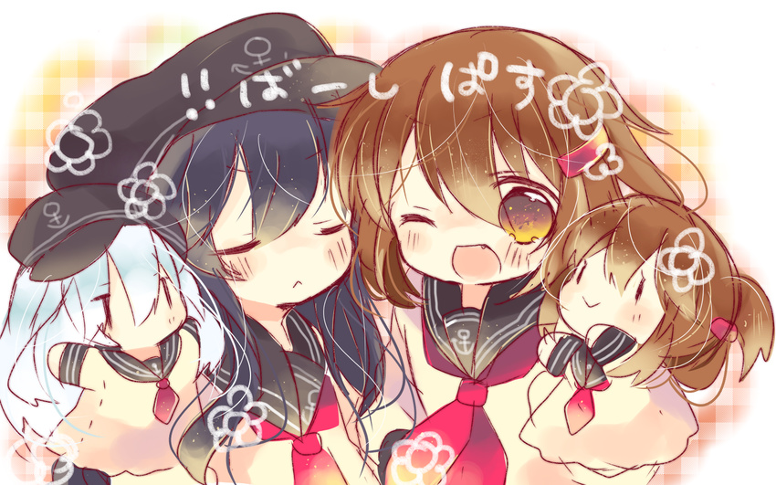 4girls :> ;d akatsuki_(kancolle) bad_id bad_pixiv_id blue_hair brown_hair closed_eyes flower folded_ponytail hair_ornament hairpin hand_puppet hat hibiki_(kancolle) ikazuchi_(kancolle) inazuma_(kancolle) kantai_collection long_hair multiple_girls nekoto_rina oerba_yun_fang one_eye_closed open_mouth puppet school_uniform serafuku smile |_|