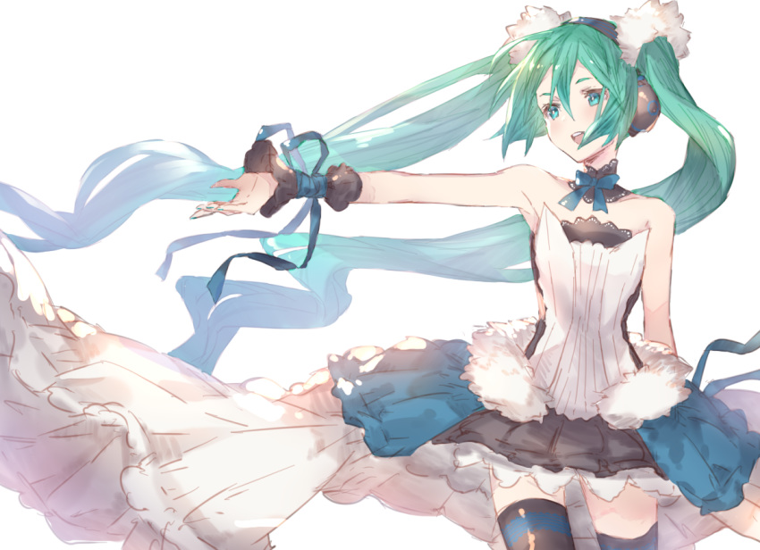 7th_dragon_(series) 7th_dragon_2020 :d aqua_hair aqua_nails bare_shoulders black_skirt black_thighhighs blue_bow blue_bowtie blue_eyes bow bowtie commentary_request cowboy_shot detached_collar female fingernails hair_between_eyes hatsune_miku headphones legs_apart long_hair miniskirt mirei_kh13 nail_polish open_mouth outstretched_arm overskirt pleated_skirt simple_background skirt smile solo standing teeth thighhighs thighs twintails very_long_hair vocaloid white_background zettai_ryouiki