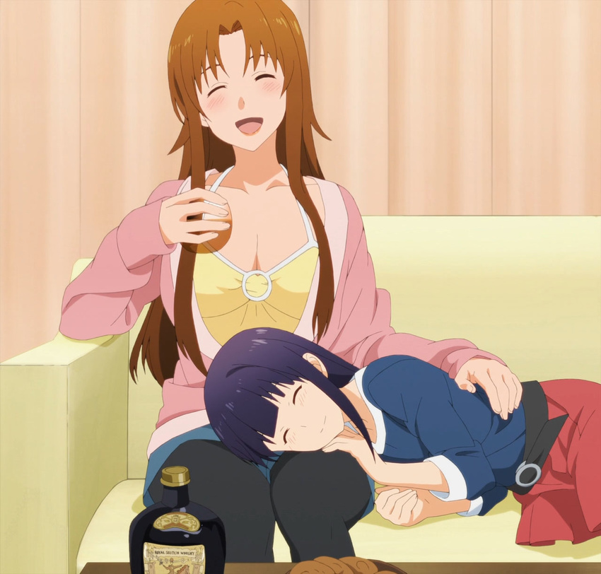 2girls blush breasts brown_hair cleavage closed_eyes couch lap long_hair lying multiple_girls on_side open_mouth purple_hair screencap sitting smile takanashi_kozue working!! yamada_aoi