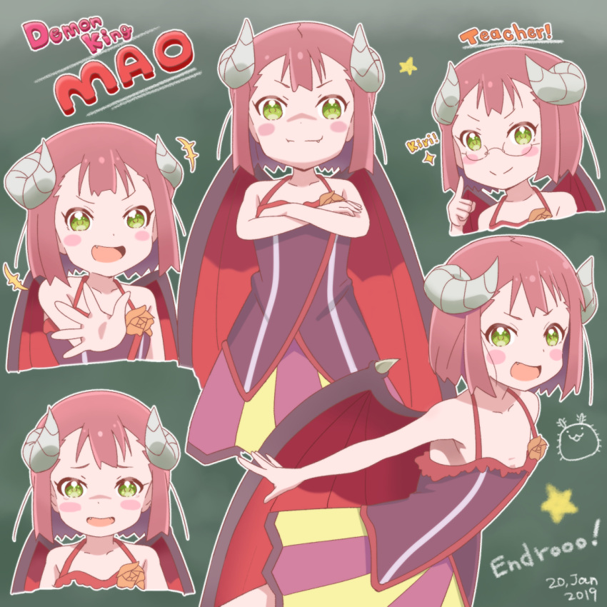 +++ :d blush_stickers character_name closed_mouth collarbone commentary_request copyright_name crossed_arms dated demon_girl demon_horns demon_wings endro! english_text fangs fangs_out female glasses green_eyes halterneck horns looking_at_viewer mao_(endro!) multiple_views oerba_yun_fang open_mouth outline outstretched_arm pointing pointing_at_self red_hair rimless_eyewear samenoido shirt short_hair skirt sleeveless sleeveless_shirt smile sparkle standing star_(symbol) v-shaped_eyebrows white_outline wings