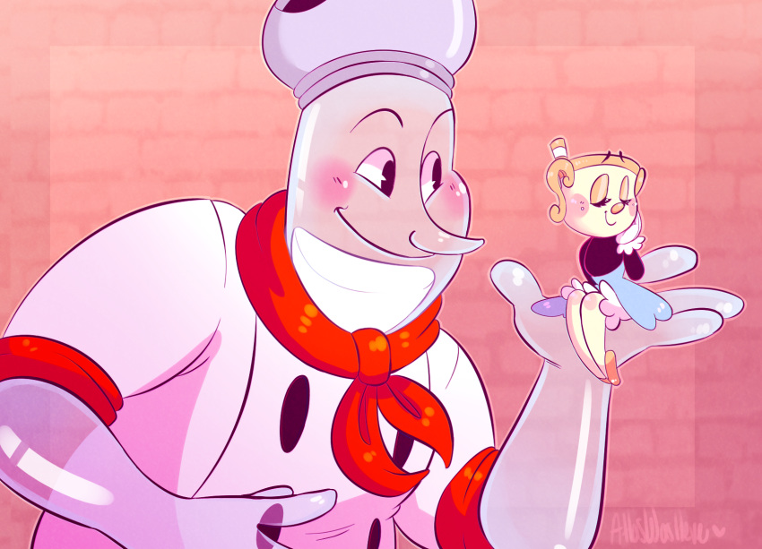 2018 4_fingers animate_inanimate atlaswashere blush chef_saltbaker closed_eyes clothing cuphead_(game) duo female fingers for_a_head gloves handwear hi_res humanoid male markings mole_(marking) ms._chalice not_furry object_head signature size_difference smile