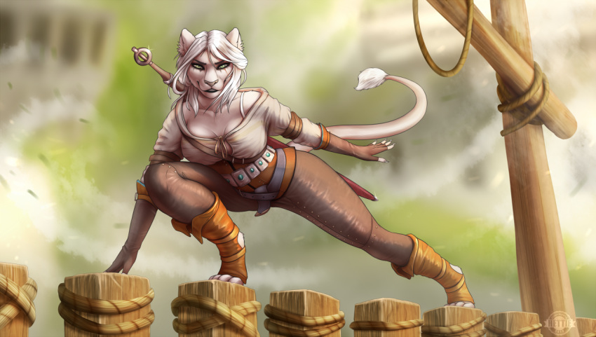 2018 5_fingers alternate_species anthro avoid_posting cirilla_fiona_elen_riannon clothed clothing detailed_background digital_media_(artwork) digitigrade felid female fingers hair hettie lion looking_at_viewer mammal melee_weapon pantherine solo sword the_witcher weapon white_hair