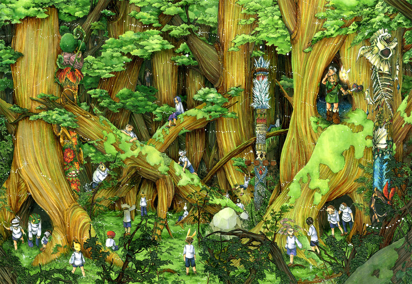 6+boys bad_id bad_pixiv_id belt blonde_hair blue_eyes broccoli_(arupuru) buckle bush forest green_hat hat hole keaton_mask link mask moon_children moss multiple_boys nature outdoors photoshop_(medium) plant shirt short_hair short_sleeves shorts sportswear standing the_legend_of_zelda the_legend_of_zelda:_majora's_mask tree tree_hollow tunic walking weapon white_shirt