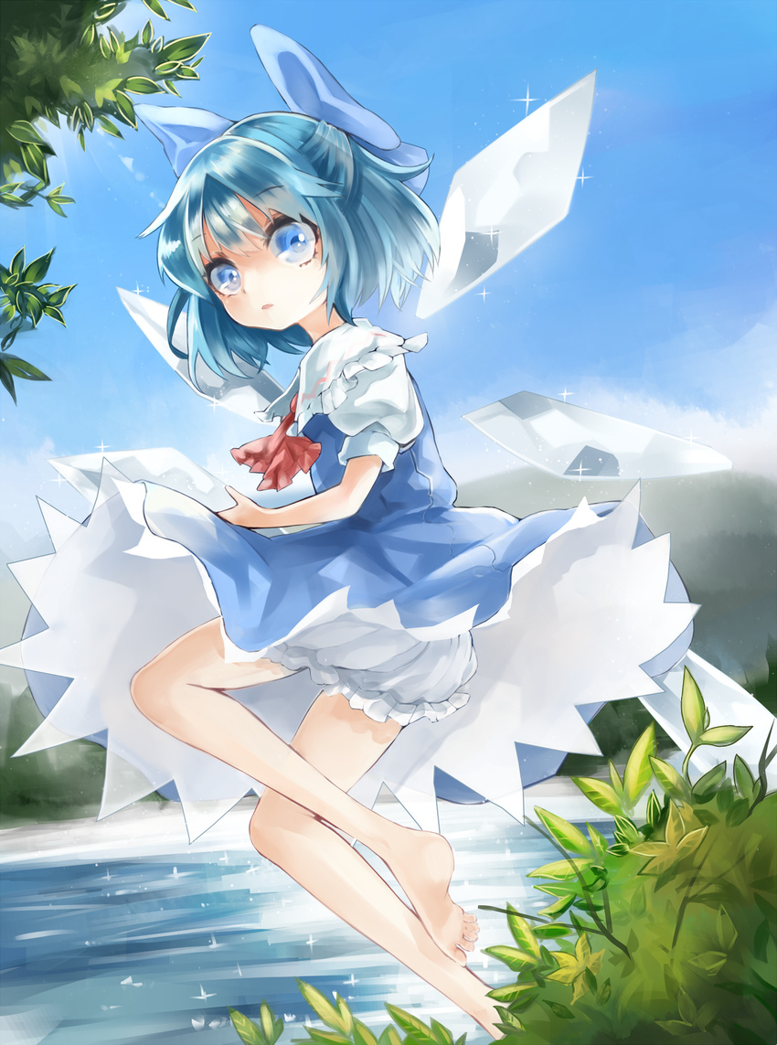 artistic_error ascot barefoot bloomers blue_bow blue_dress blue_eyes blue_hair blue_sky bow cirno commentary_request day dress female full_body hair_ribbon hairbow highres ice ice_wings looking_at_viewer open_mouth puffy_sleeves ribbon short_hair short_sleeves sky solo sparkle touhou underwear upskirt water wings wrong_foot zhu_xiang