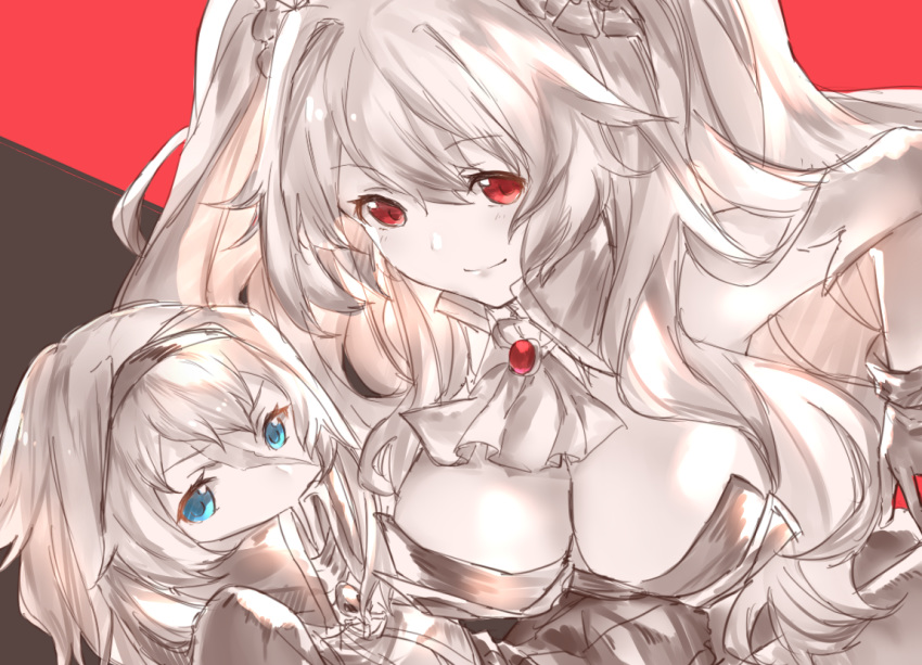 2girls anne_bonny_(fate) ascot blue_eyes breasts closed_mouth commentary_request covered_mouth fate/grand_order fate_(series) gloves hair_between_eyes hairband large_breasts long_hair mary_read_(fate) mirei_kh13 multiple_girls red_eyes scar scar_on_face short_hair skull smile twintails