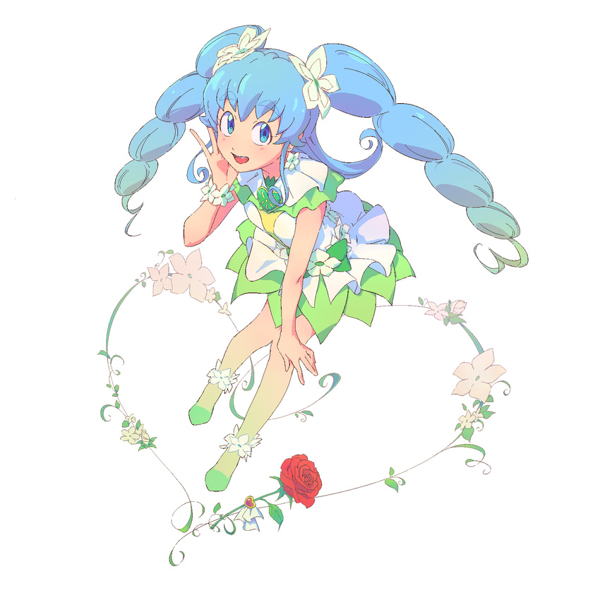 alternate_form anklet bad_id bad_pixiv_id bare_legs blue_eyes blue_hair brooch commentary_request cure_princess cure_princess_(macadamia_hula_dance) curly_sidelocks earrings female flower full_body green_skirt hair_flower hair_ornament happinesscharge_precure! heart heart_brooch highres jewelry kotobukidaifuku long_hair magical_girl oekaki precure red_flower red_rose rose shirayuki_hime shoes skirt smile solo twintails two_side_up white_background