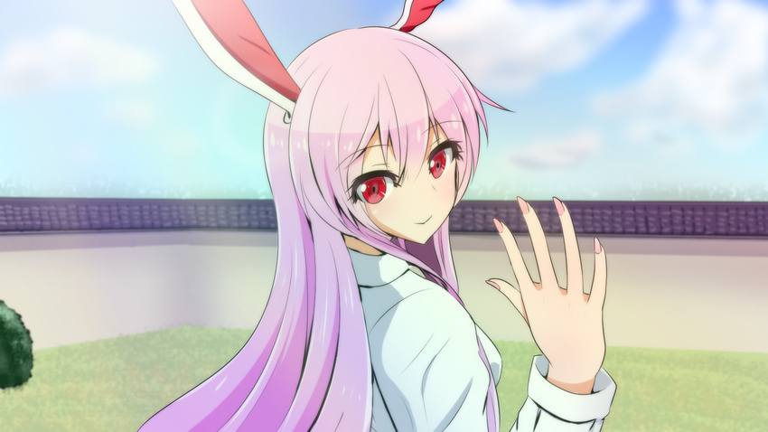 animal_ears blouse breasts commentary_request female highres jiwieru light_purple_hair long_hair looking_at_viewer looking_back nail_polish purple_hair rabbit_ears red_eyes reisen_udongein_inaba shirt solo touhou very_long_hair